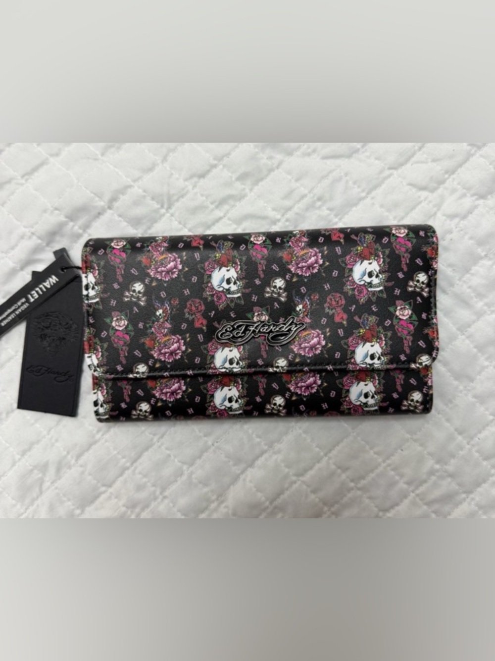 Ed Hardy Black Floral Skull Continental Wallet with Pink Roses